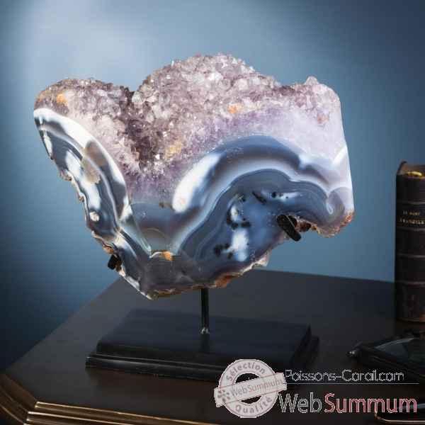 Geode d\'amethyste ouverte bordee d\'agate bleue Objet de Curiosite -PUMI813